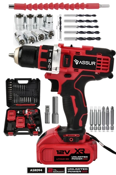 Assur 12V Çift Akü Şarjlı Matkap Metal Şanzıman Akülü Vidalama