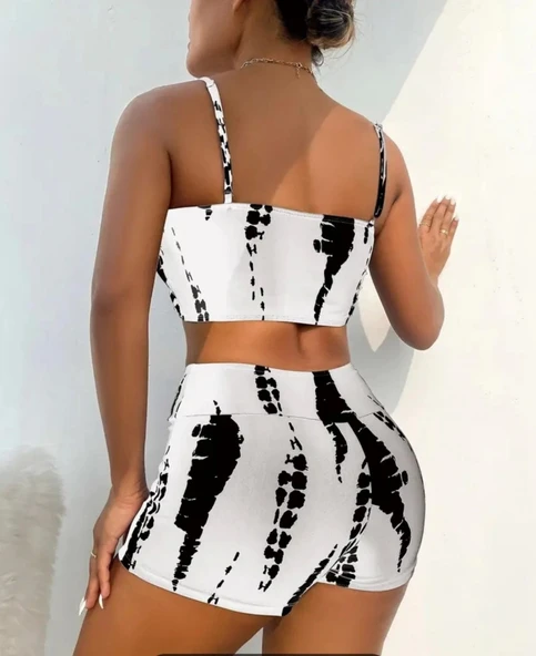 Kadın Büzgü Detay Askılı Crop Mini Tayt Ikili Takım - Resim 2