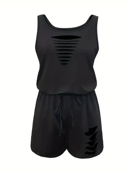 Kadın Askılı Yuvarlak Yaka Lazer Kesim Detaylı Bağcıklı Kısa Viskon Tulum - Resim 4