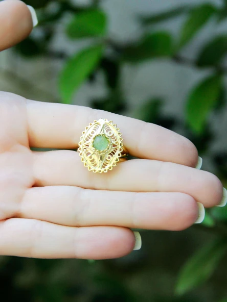 Doğal Taş Yeşil Akik Doğal Taşlı Telkari Modelli Kadın Ayarlanabilir Altın Kaplama Yüzük euy65yag - Resim 3