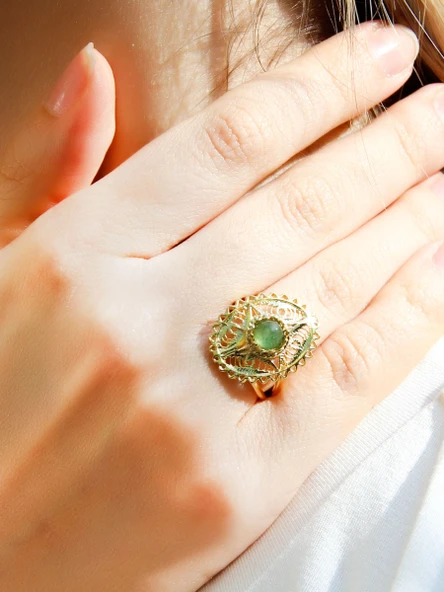 Doğal Taş Yeşil Akik Doğal Taşlı Telkari Modelli Kadın Ayarlanabilir Altın Kaplama Yüzük euy65yag - Resim 2
