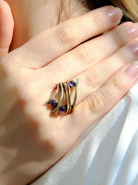 Doğal Taş 3'lü Ametist Doğal Taşlı Ayarlanabilir Kadın Yüzük euy66amt - Resim 2