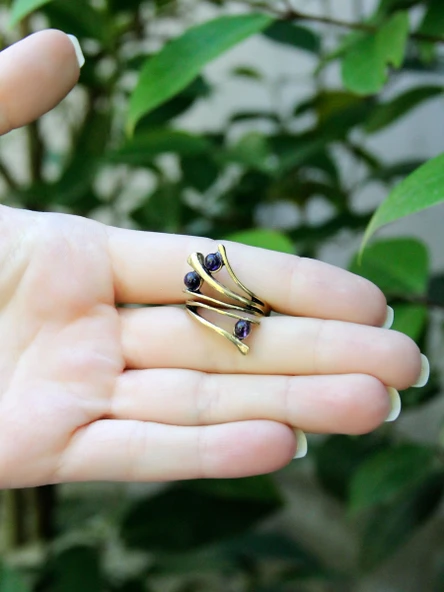 Doğal Taş 3'lü Ametist Doğal Taşlı Ayarlanabilir Kadın Yüzük euy66amt - Resim 3