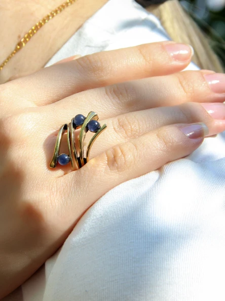 Doğal Taş 3'lü Apatit Doğal Taşlı Ayarlanabilir Kadın Yüzük euy66ap - Resim 2