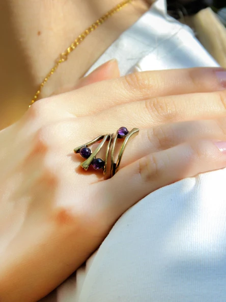 Doğal Taş 3'lü Ametist Doğal Taşlı Ayarlanabilir Kadın Yüzük euy66amt ürün görseli