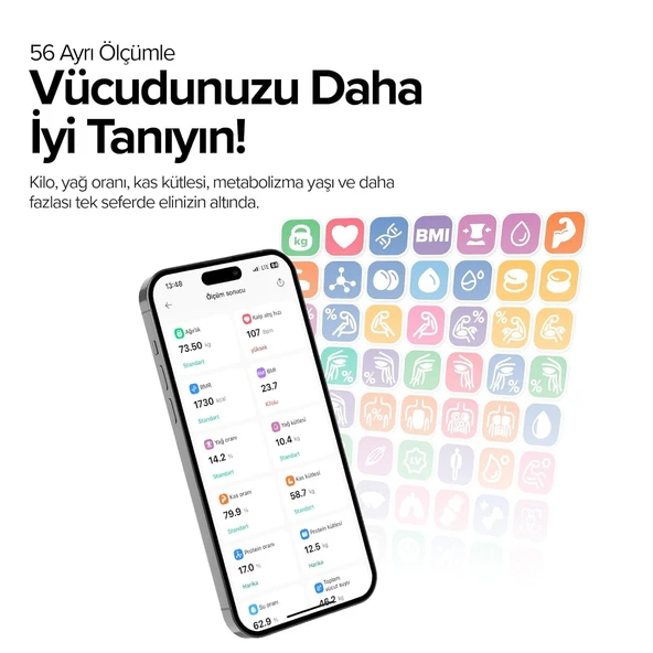 Bester BS9250 Akıllı Vücut Analiz Tartısı, 3.5" TFT Ekran, WiFi ve Bluetooth, 56 Ölçüm Özelliği, ITO Kaplama - 2