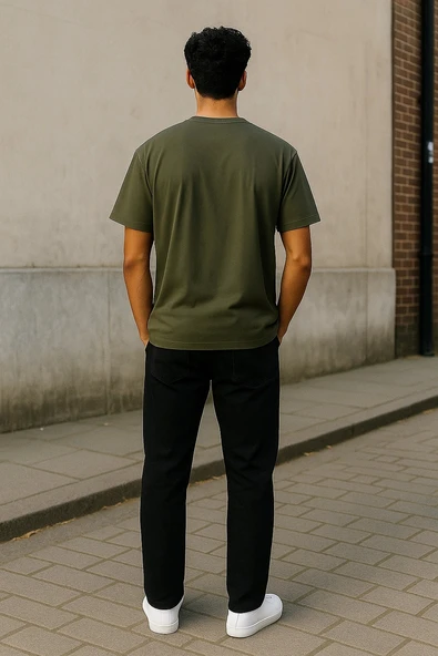 Regular Kalıp Kadın - Erkek Unisex Basic Tişört Haki - 3