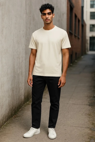 Regular Kalıp Kadın - Erkek Unisex Basic Tişört Ekru