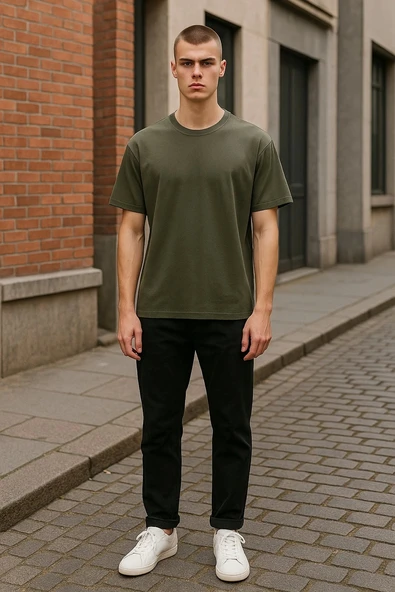 Regular Kalıp Kadın - Erkek Unisex Basic Tişört Haki - 4