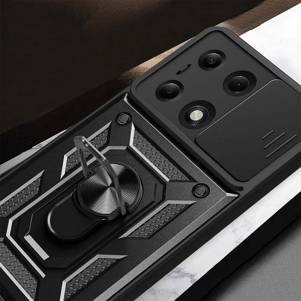 Xiaomi Poco M6 Pro 4G Kılıf Magnetik Standlı Kamera Korumalı Zore Sürgülü Vega Kapak - 7