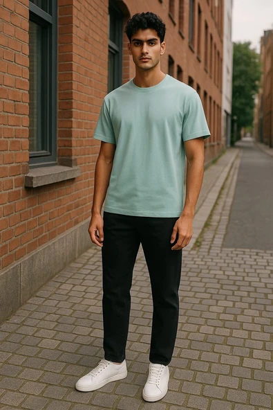 Regular Kalıp Kadın - Erkek Unisex Basic Tişört Su Yeşili