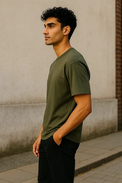 Regular Kalıp Kadın - Erkek Unisex Basic Tişört Haki - 2