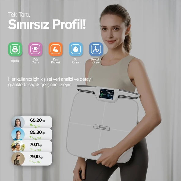 Bester BS9250 Akıllı Vücut Analiz Tartısı, 3.5" TFT Ekran, WiFi ve Bluetooth, 56 Ölçüm Özelliği, ITO Kaplama - 4