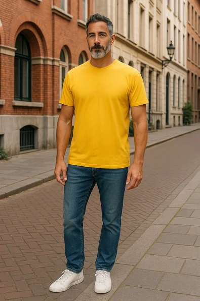 Regular Kalıp Kadın - Erkek Unisex Basic Tişört Sarı - 5