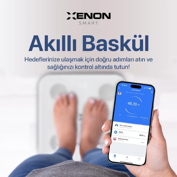 Xenon Smart Yeni Nesil Dijital Mobil Uygulama Denetimli Akıllı Tartı, Yağ, Kemik, Kas Kütlesi Ölçen, Vücut Veri Analizi için Beyaz Bluetooth Baskül (180 kg kapasite) X8701_M1