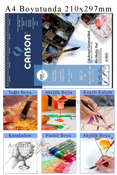Canson Çok Amaçlı Sanatsal Blok A4 200 gr 20 Yaprak 1 Adet 10 Renk Guaj Boya Fırça Palet Spatula Fırça Temizleme Kabı - Resim 4