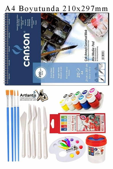 Canson Çok Amaçlı Sanatsal Blok A4 200 gr 20 Yaprak 1 Adet 10 Renk Guaj Boya Fırça Palet Spatula Fırça Temizleme Kabı ürün görseli