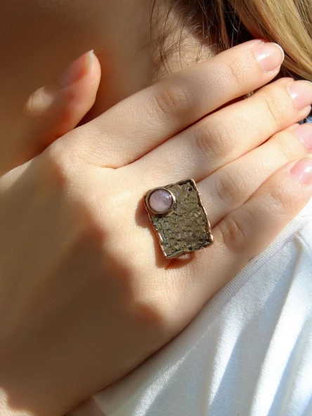 Doğal Taş Pembe Kuvars Doğal Taşlı Dikdörtgen Model Ayarlanabilir Antik Kadın Yüzük euy67pk ürün görseli