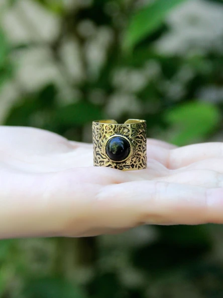 Doğal Taş Oniks Doğal Taşlı Ayarlanabilir Antik Kadın Yüzük euy68o - Resim 3