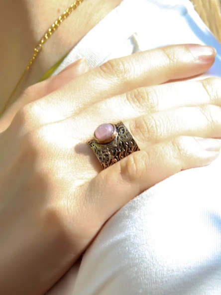 Doğal Taş Pembe Kuvars Doğal Taşlı Ayarlanabilir Antik Kadın Yüzük euy68pk ürün görseli