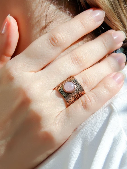 Doğal Taş Pembe Kuvars Doğal Taşlı Ayarlanabilir Antik Kadın Yüzük euy68pk - Resim 2