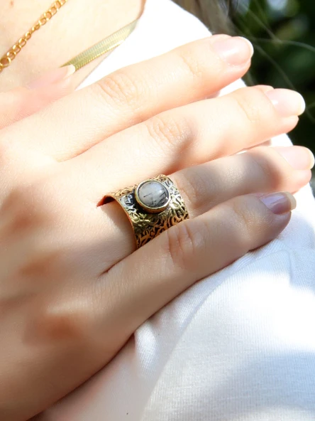 Doğal Taş Rutil Kuvars Doğal Taşlı Ayarlanabilir Antik Kadın Yüzük euy68rtlk - Resim 2