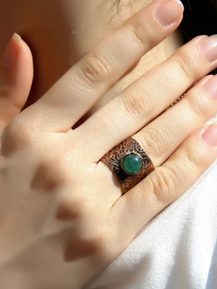 Doğal Taş Yeşil Akik Doğal Taşlı Ayarlanabilir Antik Kadın Yüzük euy68ya - Resim 2