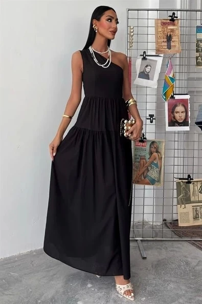 Tek Omuzlu Pile Detay Maxi Elbise 2895 - 1