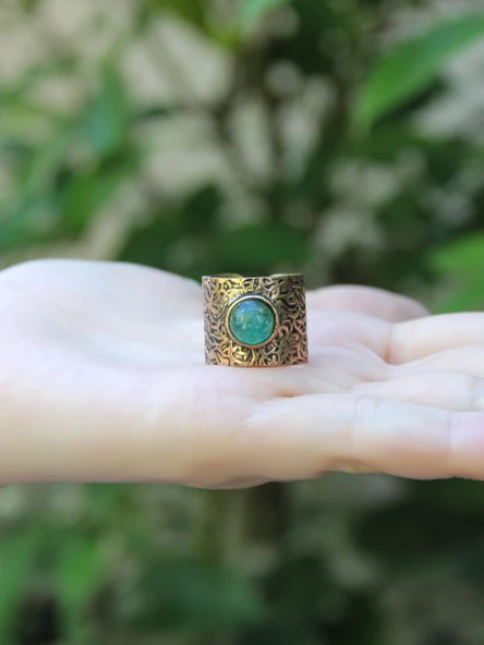 Doğal Taş Yeşil Akik Doğal Taşlı Ayarlanabilir Antik Kadın Yüzük euy68ya - Resim 3