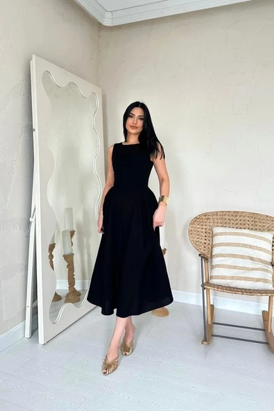 Siyah Yanları Büzgülü Midi Boy Keten Elbise - 2