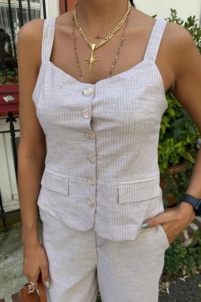 Kalın Askılı Bluz Pantolon Keten Takım 10187 - 6