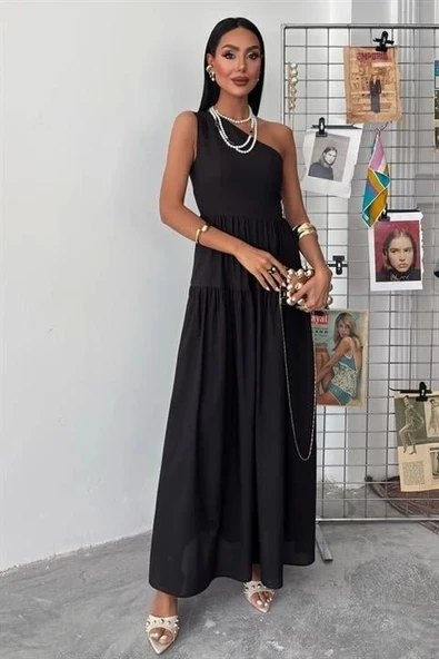 Tek Omuzlu Pile Detay Maxi Elbise 2895 - 5