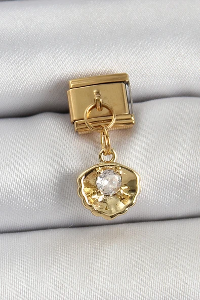 316L Çelik Sallantılı Zirkon Taşlı İstiridye Model Gold Renk Nomination Charm - TJ-BC1426 - 1