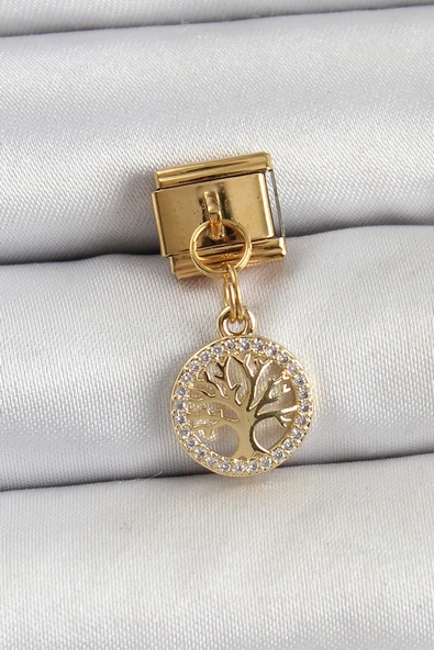 316L Çelik Sallantılı Zirkon Taşlı Hayat Ağacı Model Gold Renk Nomination Charm - TJ-BC1422