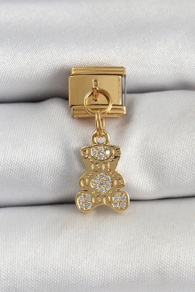 316L Çelik Sallantılı Zirkon Taşlı Ayıcık Model Gold Renk Nomination Charm - TJ-BC1413 - 1