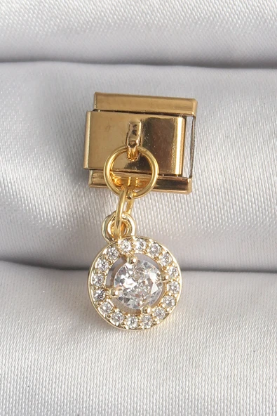 316L Çelik Gold Renk Sallantı Daire Zirkon Taşlı Nomination Charm - TJ-BC1342 - 1