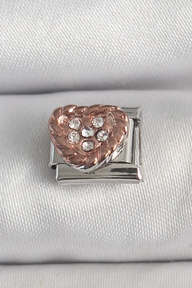 316L Çelik Gümüş Renk Zirkon Taşlı Bronz Kalp İşlemeli Nomination Charm - TJ-BC1393 - 1