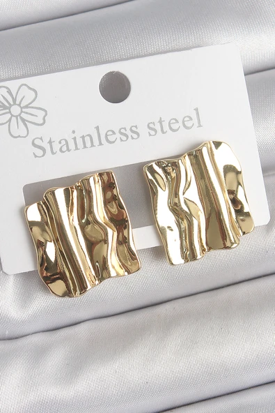 316 Çelik Gold Renk Dalgalı Plaka Model Kadın Küpe - TJ-BKP10526