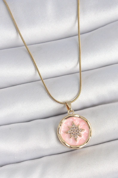 316L Çelik Gold Renk Zincir Pembe Mineli Zirkon Taşlı Kuzey Yıldız İşlemeli Madalyon Model Kadın Kolye - TJ-BKO10172