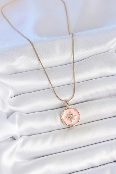 316L Çelik Gold Renk Zincir Pembe Mineli Zirkon Taşlı Kuzey Yıldız İşlemeli Madalyon Model Kadın Kolye - TJ-BKO10172 - 2