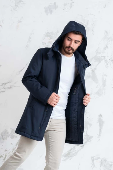 SİR KAPŞONLU KIŞLIK UZUN ŞİŞME ERKEK MONT - Resim 4