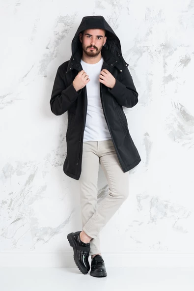 SİR KAPŞONLU KIŞLIK UZUN ŞİŞME ERKEK MONT - Resim 11