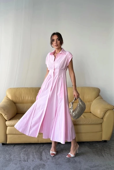 KOLSUZ VATKALI ÖNDEN DÜĞMELİ  BEL PENS DETAYLI POPLİN ELBİSE - Pembe - 3