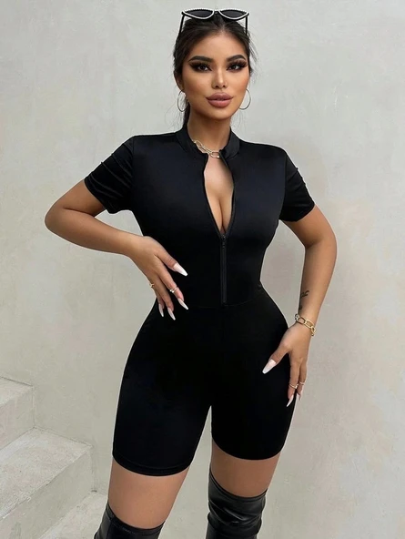 Kadın Kısa Kollu önü Fermuarlı Bodycon Dalgıç Tulum - 8