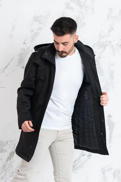 SİR KAPŞONLU KIŞLIK UZUN ŞİŞME ERKEK MONT - Resim 12