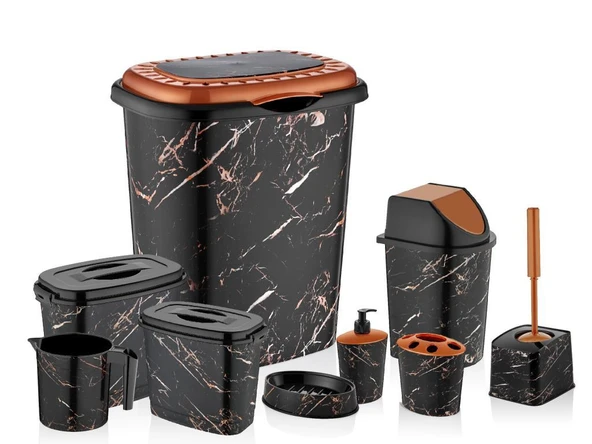 Omnipazar OZR-D053 X129 Siyah Mermer Desenli 9 Parça Plastik Banyo Seti