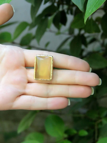 Kedi Gözü Cam Kadın Ayarlanabilir Altın Kaplama Yüzük Açık Kahverengi euy69ak - Resim 3