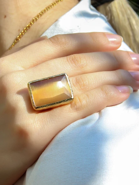 Kedi Gözü Cam Kadın Ayarlanabilir Altın Kaplama Yüzük Açık Kahverengi euy69ak - Resim 2