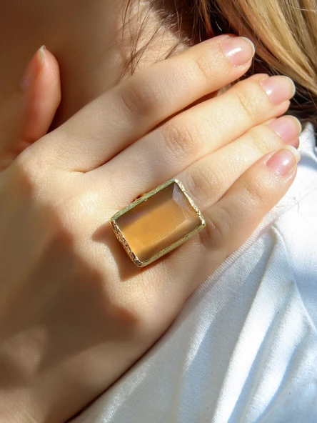 Kedi Gözü Cam Kadın Ayarlanabilir Altın Kaplama Yüzük Açık Kahverengi euy69ak ürün görseli