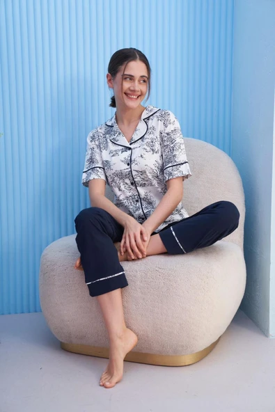 Miss Klein Kadın Büyük Beden Gömlek Yaka Pamuklu Likralı Kısa Kol Pijama Takımı 1133 - 1 Adet  Beyaz 2XL - Resim 2